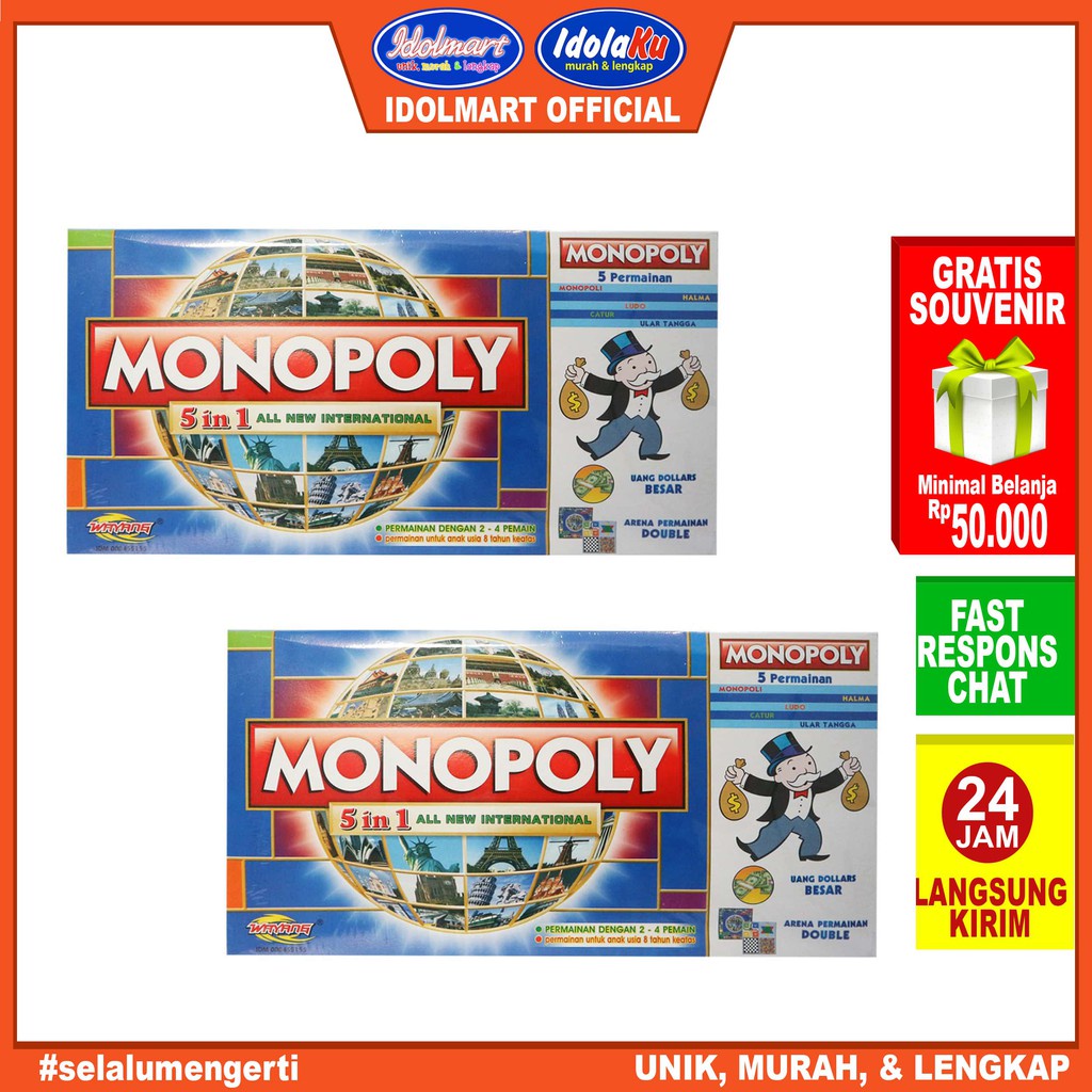 IDOLAKU Monopoly 5 In 1 Monopoli, Halma, Catur, Ular Tangga, Ludo Permainan Papan Monopoly