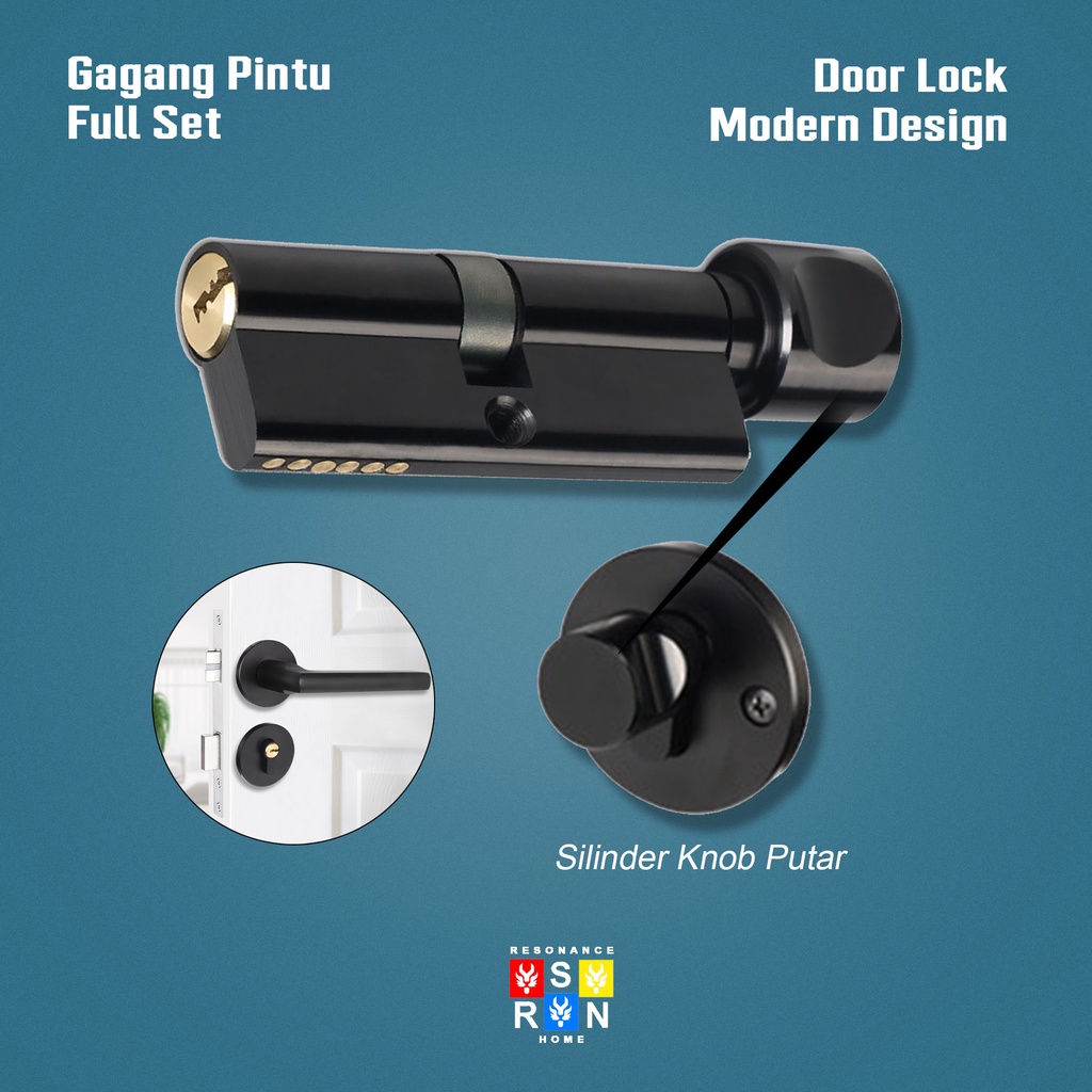 Door Lock Handle Black Straight Full Set / Gagang Pintu Gaya Eropa Resonance Home