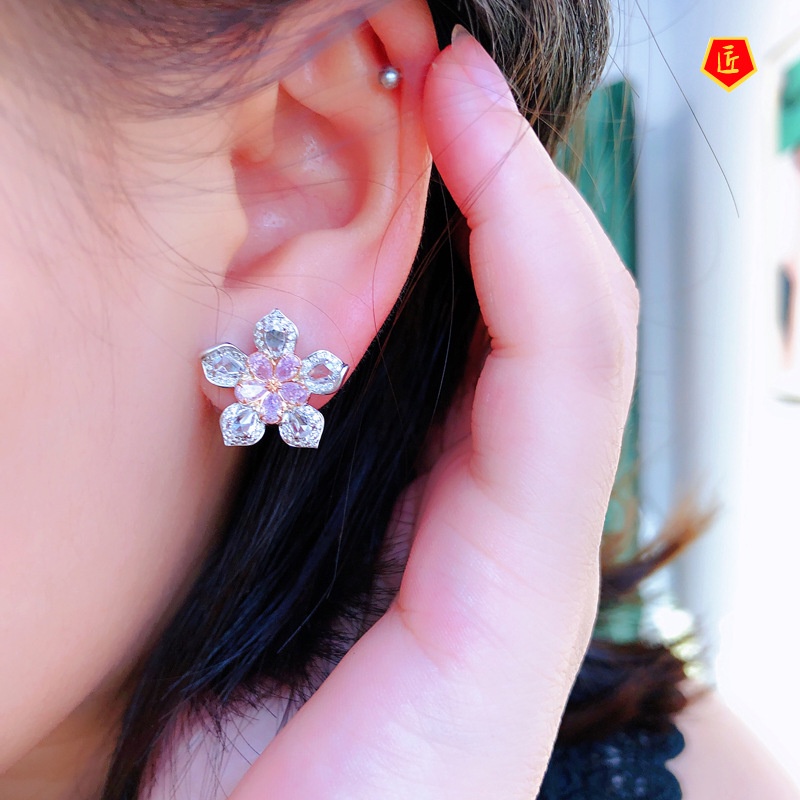 [Ready Stock]Cherry Blossom Pink Diamond Set Open Rings Ear Studs Necklace