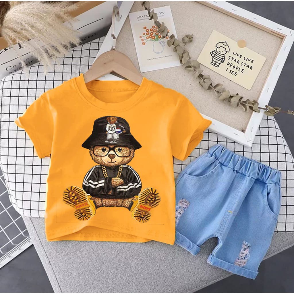 SETELAN ANAK SETELAN KAOS CELANA PENDEK DENIM UMUR 1-5 TAHUN