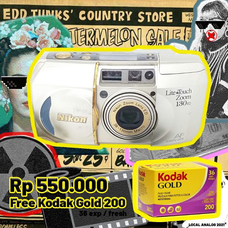 Kamera Analog + Bonus Film Kodak Gold 200 Compact Pocket Nikon Lite Zoom Touch 130 ED, Kamera 35mm