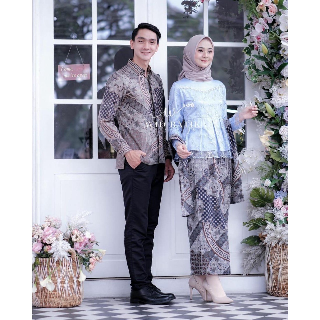 [Ada Jumbo] Set Kebaya Balqees Couple Brokat Crop Mayung Mote V Jahit Tangan Kekinian Fashion Muslim