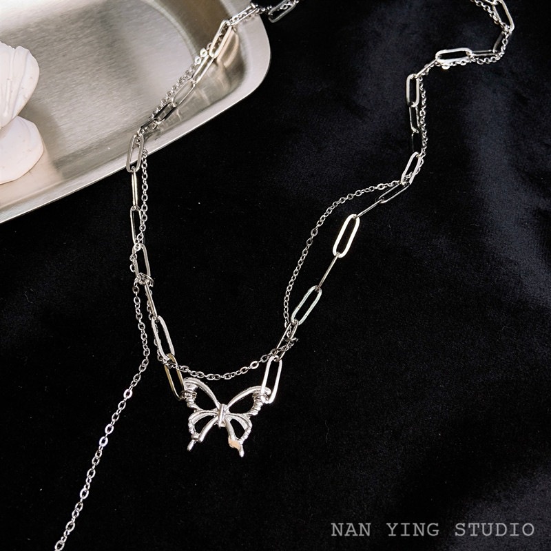 Kalung Kupu-kupu Jahitan Rantai Ganda Gaya Punk Versi Korea Dari Rantai Klavikula Rumbai Angin Dingin Aksesoris Fashion Wanita