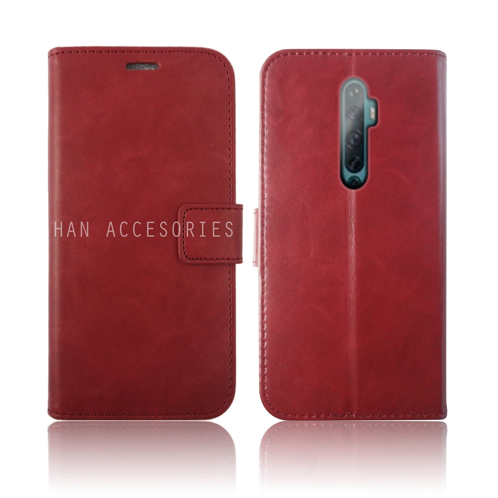 (PAKET HEMAT) Fashion Selular Flip Leather Case OPPO RENO 5F/RENO 4/RENO 4 PRO/RENO 3 PRO/RENO 2/RENO 2F Flip Cover Wallet Case Flip Case + Nero Temperred Glass