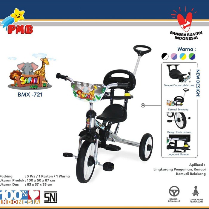 PMB 721 Sepeda BMX Roda Tiga Anak Tricycle Sandaran Stenlis Chrome Dorongan Jagaan PMB721