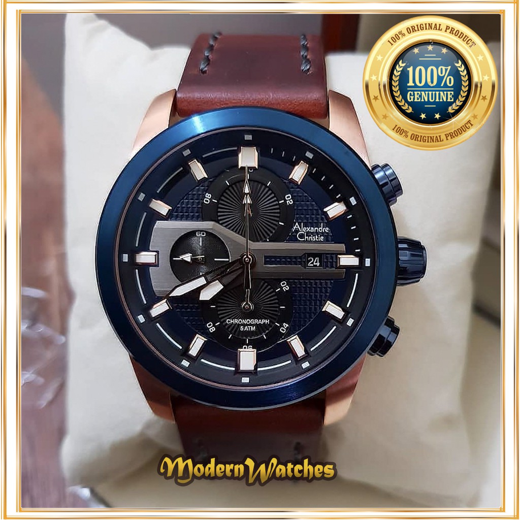 Jam Tangan Pria Ori Alexandre Christie AC 6270 6562 Black Brown Hitam Coklat Oren Tali Kulit Asli