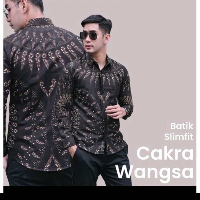 CAKRAWANGSA HITAM/Batik Pria lengan panjang modern slimfit