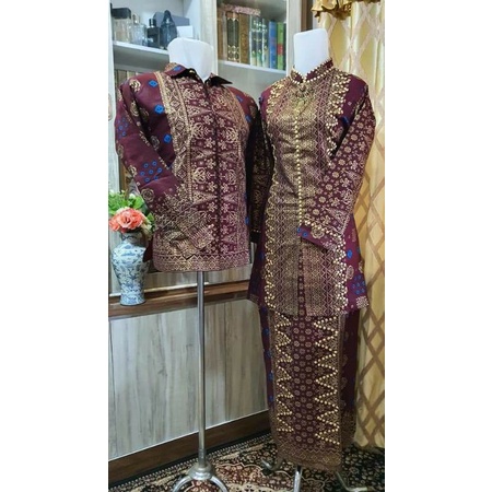 Setelan kebaya modern batik songket rakam maron couple