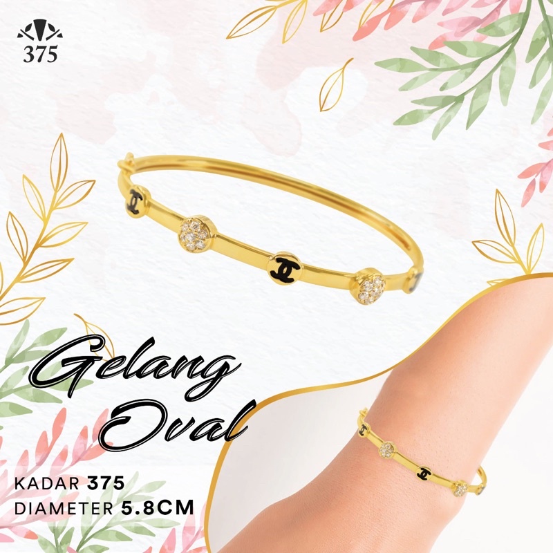 GELANG OVAL WANITA MOTIF CHANEL BULAT SIMPLE UNIK CAT HITAM BATU
