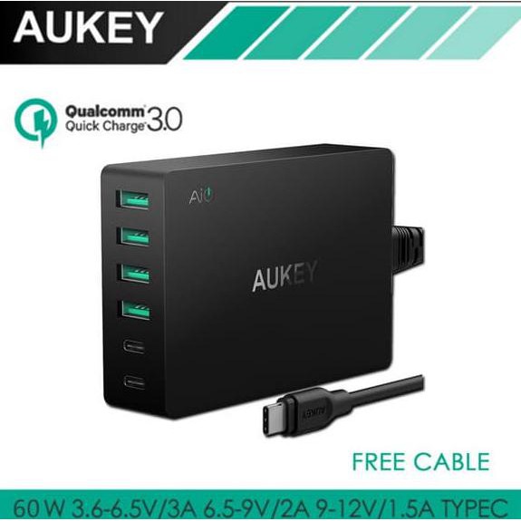 NEW- AUKEY FAST CHARGER 6 USB PORT QUICK CHARGE 3.0 WITH 2 USB TYPE C PA-Y6