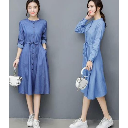 Dress wiwin RO dress wanita denim biru - Biru Muda