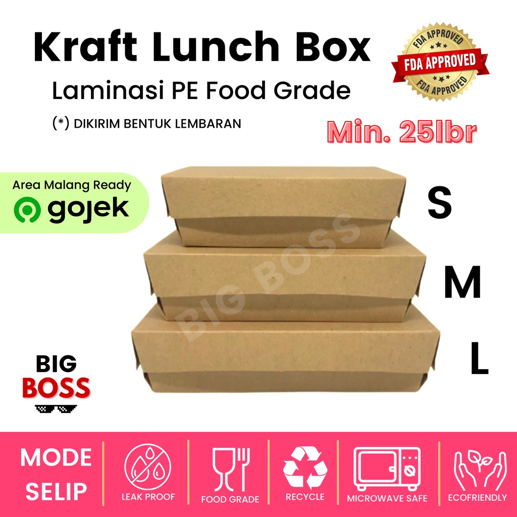 Lunch Box Paper Kraft Coklat Laminasi Ukuran S/M/L Tebal 290gsm