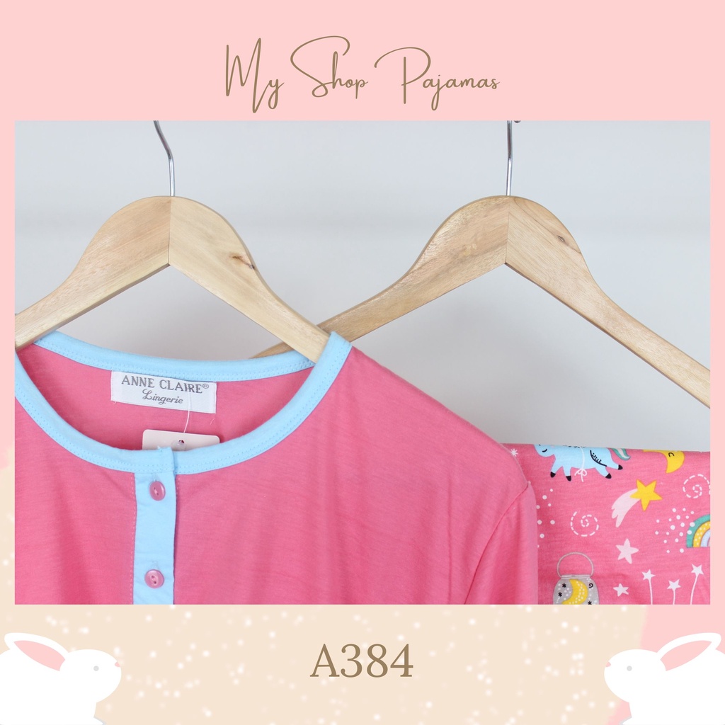 PIYAMA BABYDOLL SLEEPWEAR TANGAN LENGAN PENDEK CELANA PANJANG ANNE CLAIRE / BAJU PAKAIAN TIDUR SETELAN WANITA DEWASA PAJAMAS CP-A384 Pink