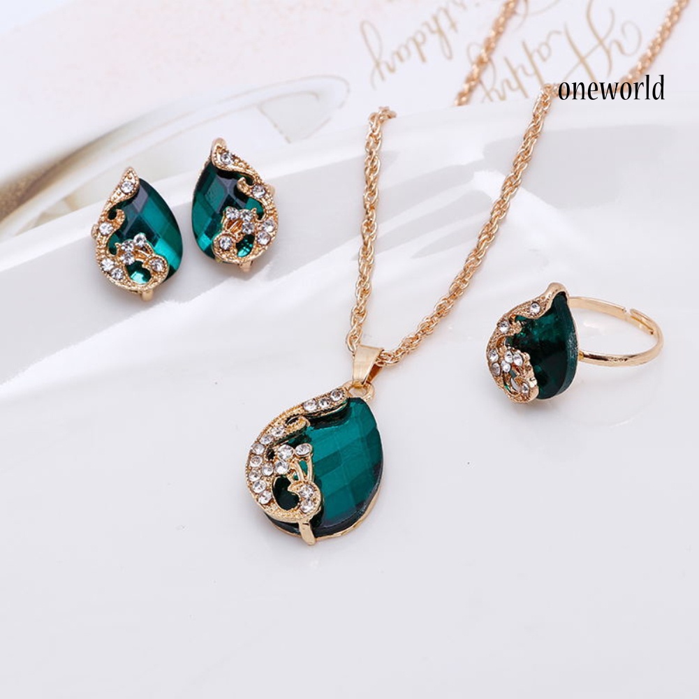 OW@ Women Jewelry Set Shiny Water-Drop Shape Rhinestone Necklace Earrings Ring Gift