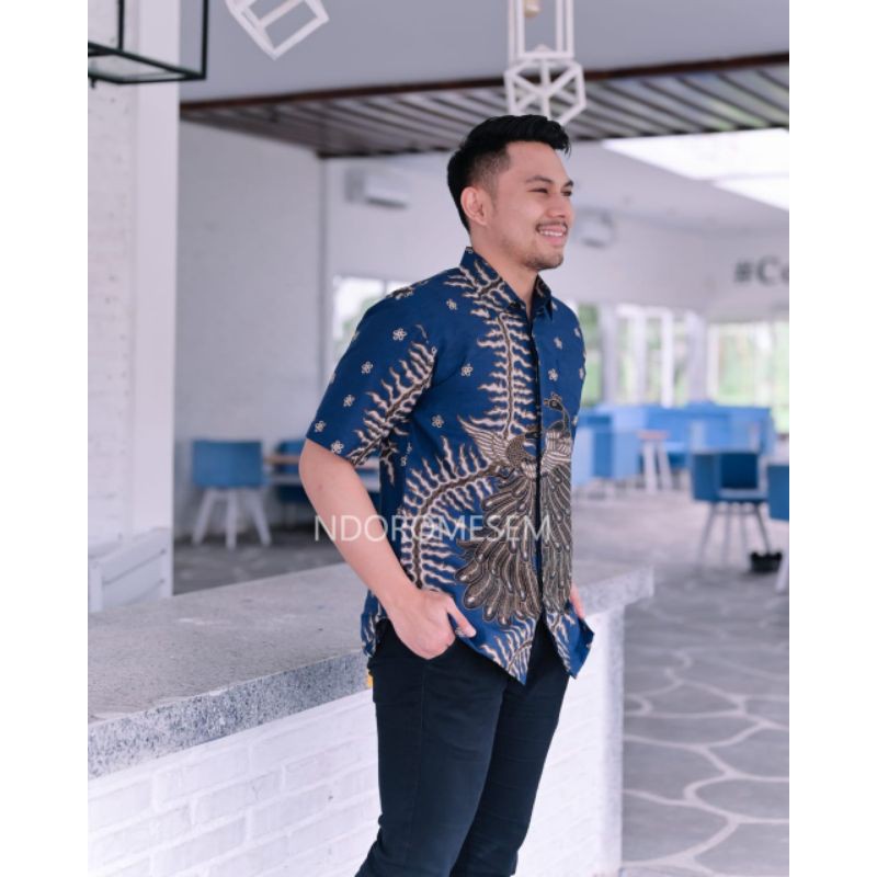 PREMIUM batik pria lengan pendek kamulyan navy katun halus baturaden reguler fit