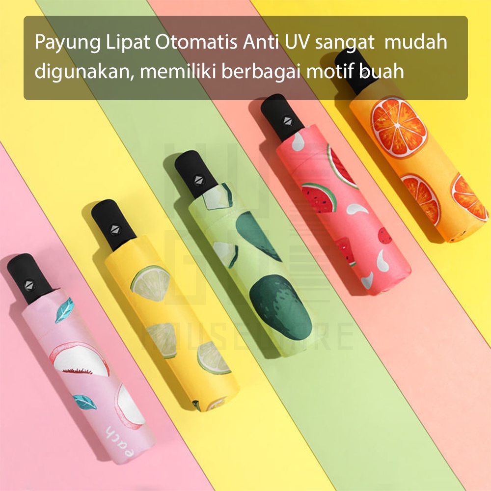 Payung Lipat Otomatis Motif Buah Rangka Fiberglass Anti Patah Anti UV Premium Quality HUGO