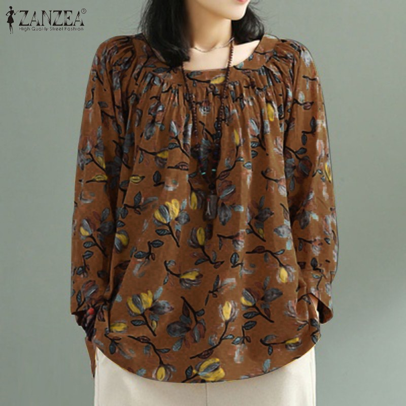 ZANZEA Women Vintage Floral Printed Loose Long Sleeve Blouse