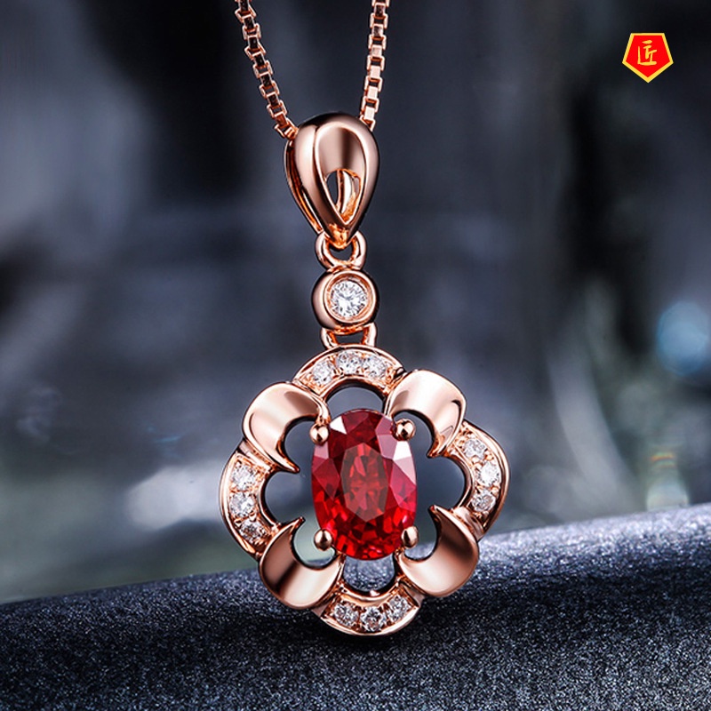 [Ready Stock]Silver Necklace Female Ruby Pendant 18K Rose Gold