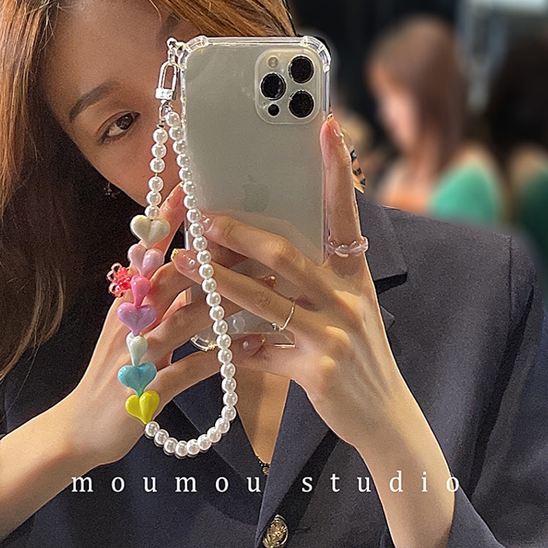 Case Transparan Motif Hati Dengan Gantungan Kunci Mutiara Untuk Iphone 11 6s 8 7 Plus SE2 XS XR 12 13 Mini PRO MAX