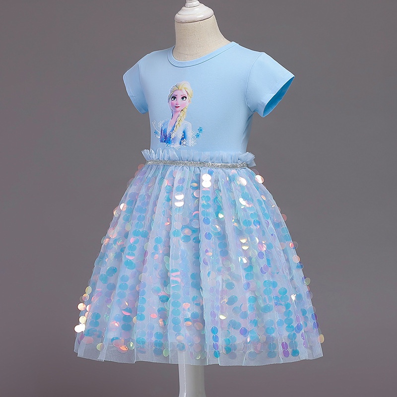 Kids girl Frozen Dress ANAK PEREMPUAN  Payet berkilauan Lengan pendek Frozen Kaos Rok