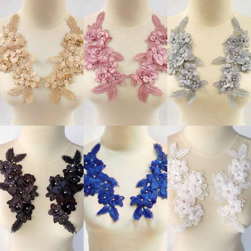 Sepasang lace bordir bunga 3d/bordir tempel/aplikasi bordirl
