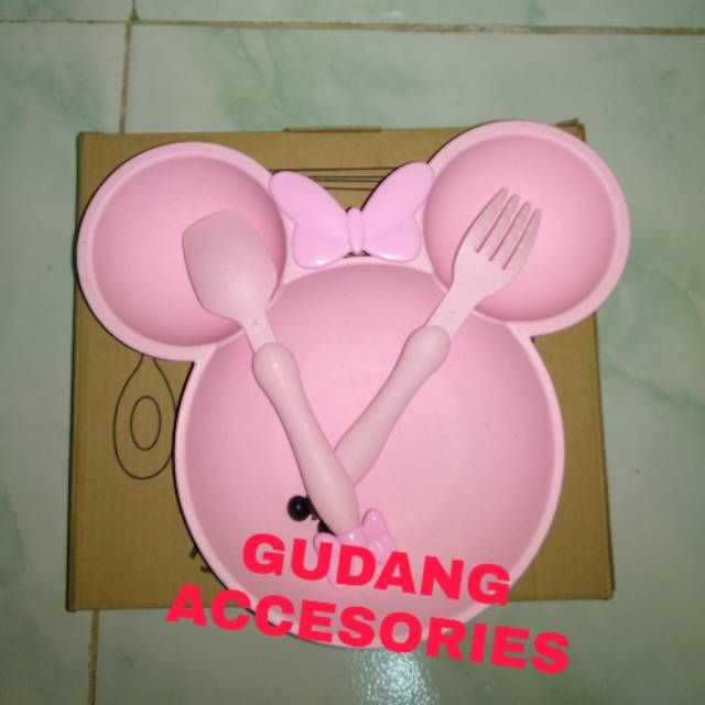 Piring makan bayi Mickey 1 set sendok garpu warna pink untuk anak perempuan / wanita