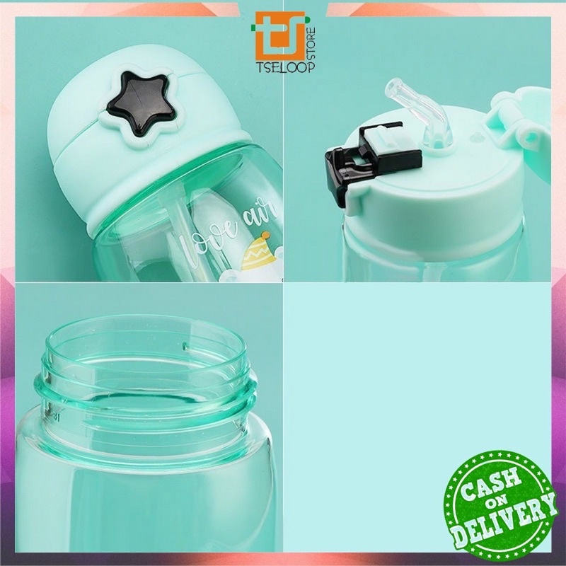 Botol Air Minum 520ML Tombol Bintang / Botol Minum Anak Lucu Motif Karakter Imut dengan Sedotan BPA FREE