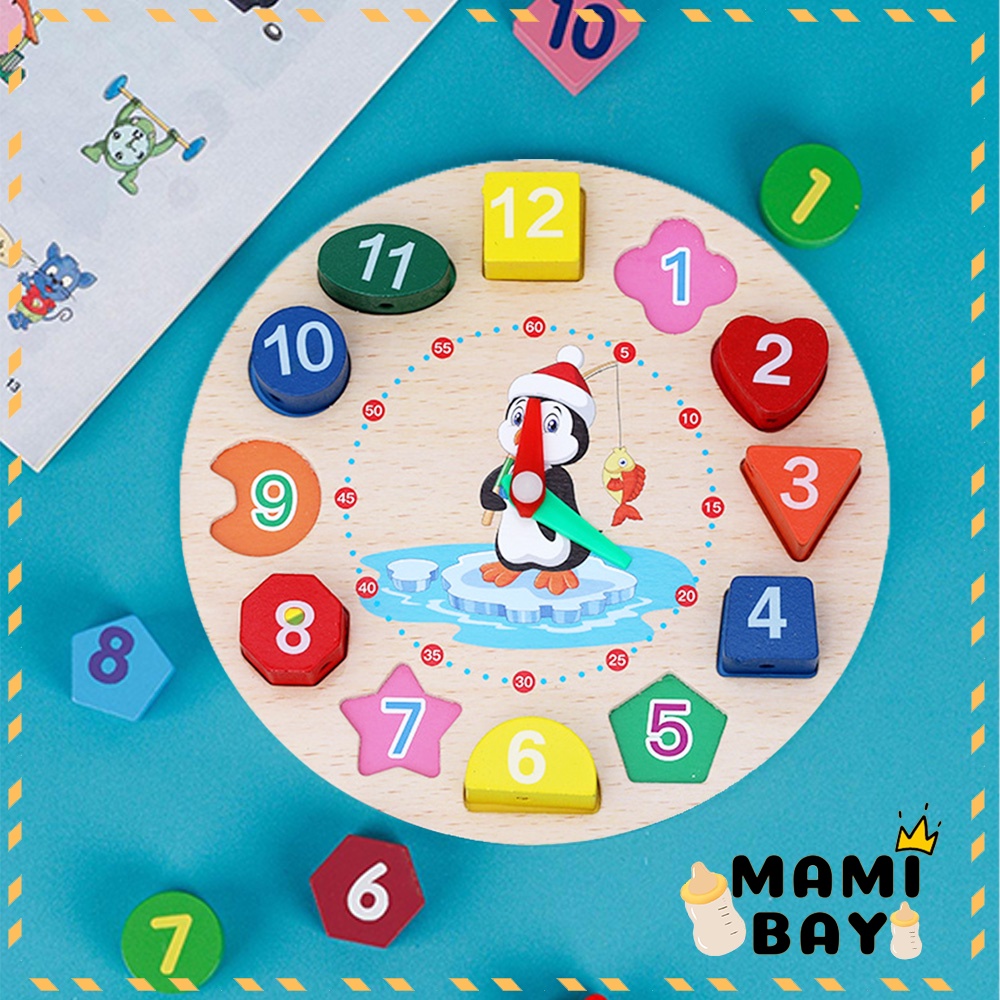 Mamibayi mainan montessori toys balok kayu mainan anak Beaded Clock