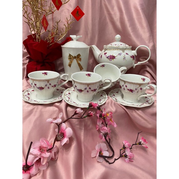 tea set keramik small pink flower set teh keramik