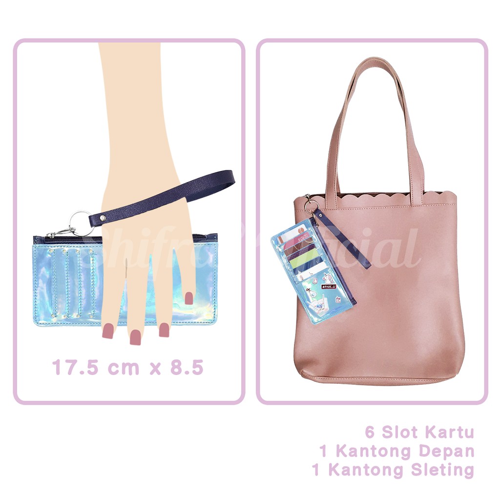 Shifra Card Holder 6 Slot Dompet Kartu Genggam Kantong Uang Bahan Holo Pink Blue Purple (Free Stickers)