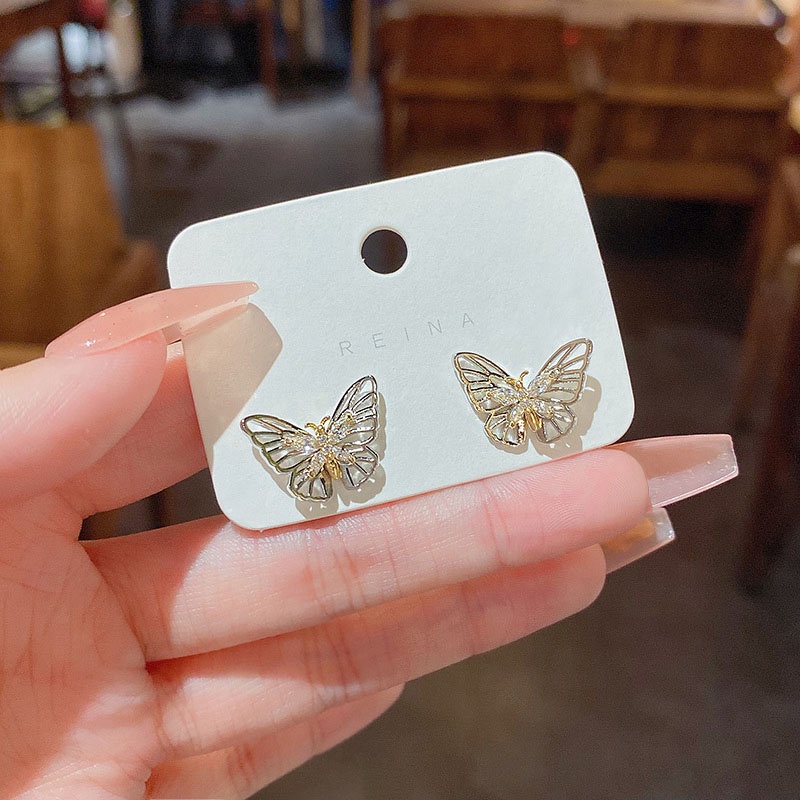 Anting Tusuk silver 925 Desain Kupu-Kupu Hollow Hias Zircon Untuk Wanita