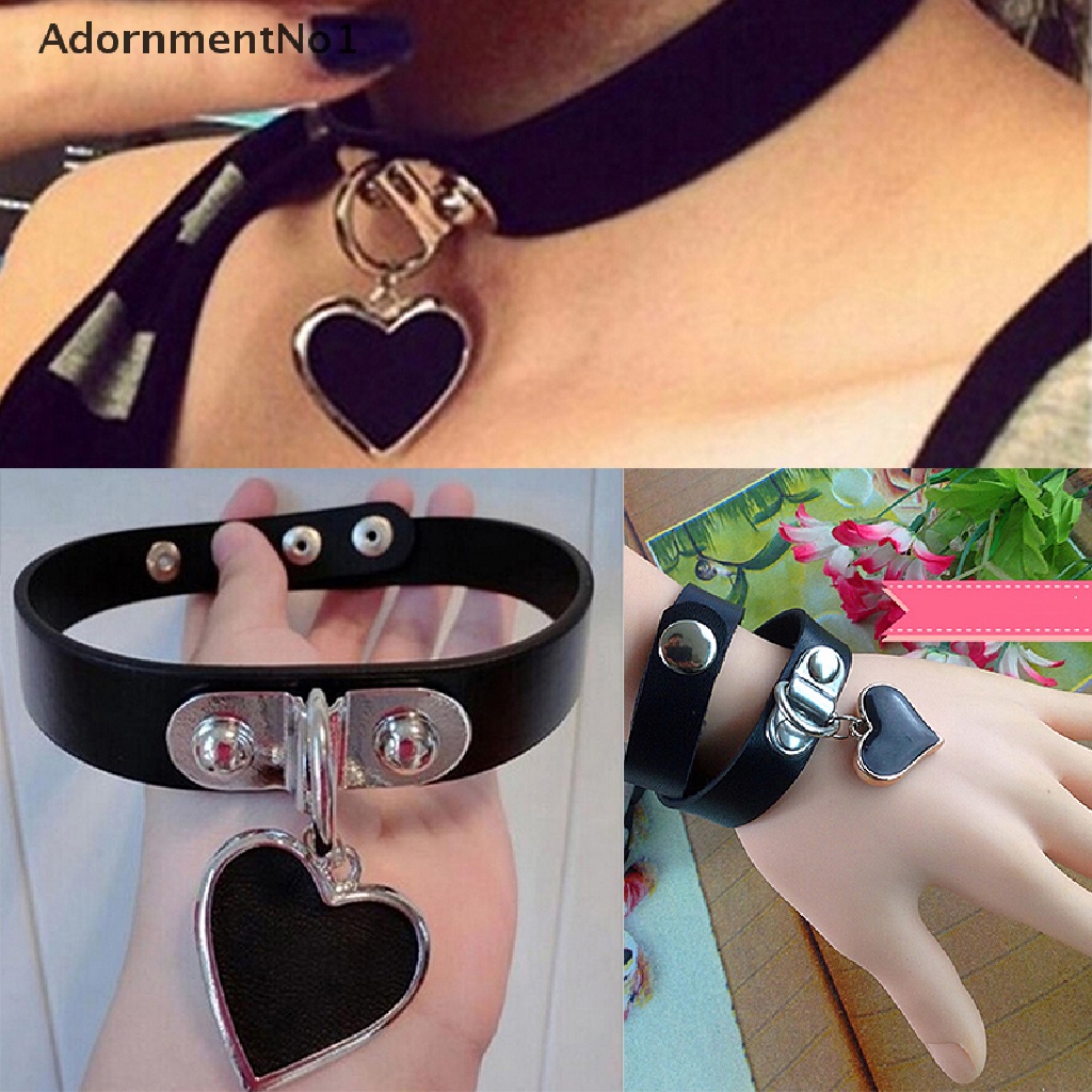 (AdornmentNo1) Favorite Kalung Choker Bahan Kulit Aksen Rivet + Hati Gaya Punk / Gothik Untuk Wanita