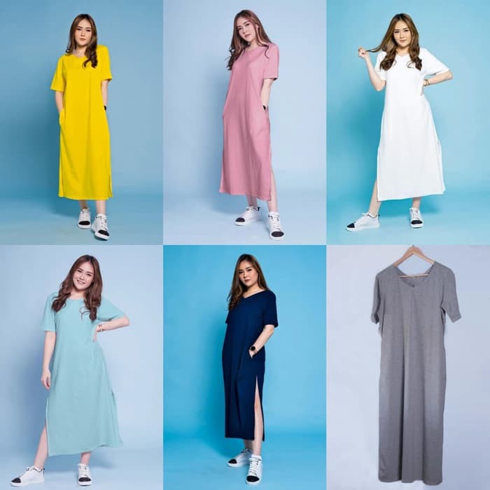 B290A Top Suplier Flowy Maxy Slit Dress Panjang Bohemian Dress Pantai Flare Skirt Dress - Putih Bela
