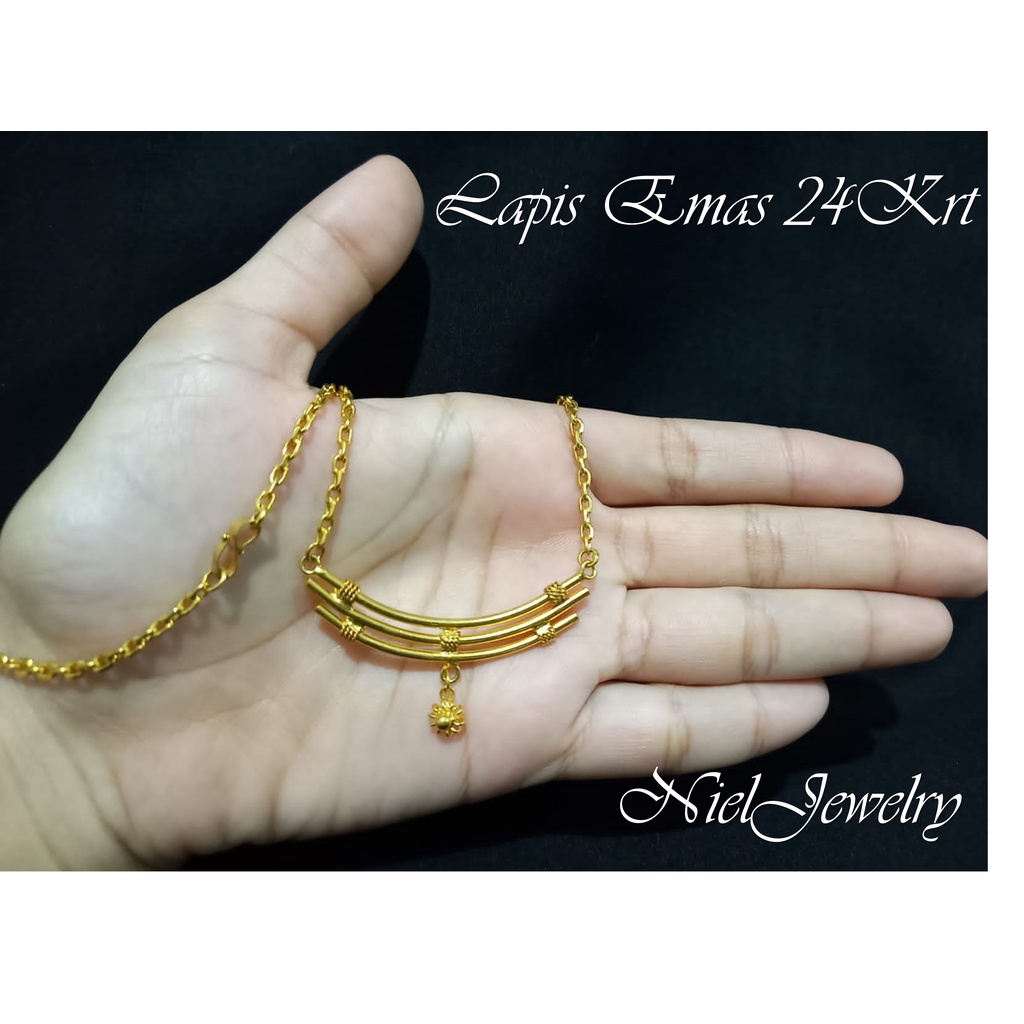 Kalung Tura Bambu 3 Lapis Emas 24K Kalung Replika Perhiasan Wanita Import Premium
