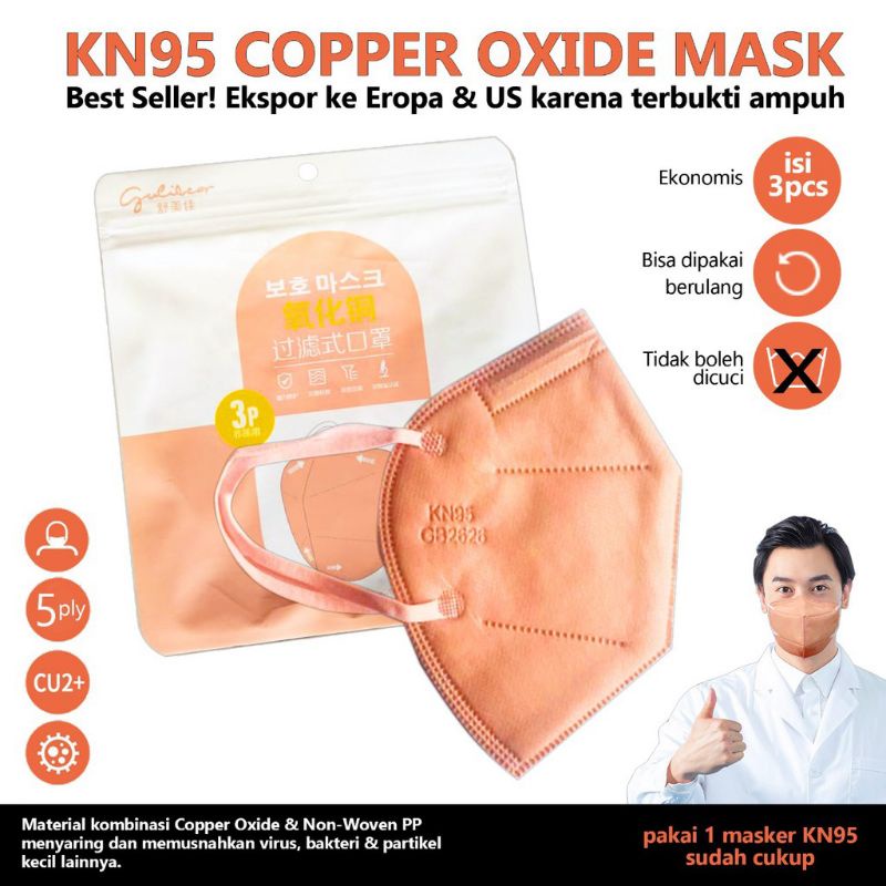 3PCS MASKER TEMBAGA DEWASA COPPER MASK ANTI VIRUS MODEL KN95 EARLOOP COKLAT PREMIUM 5PLY
