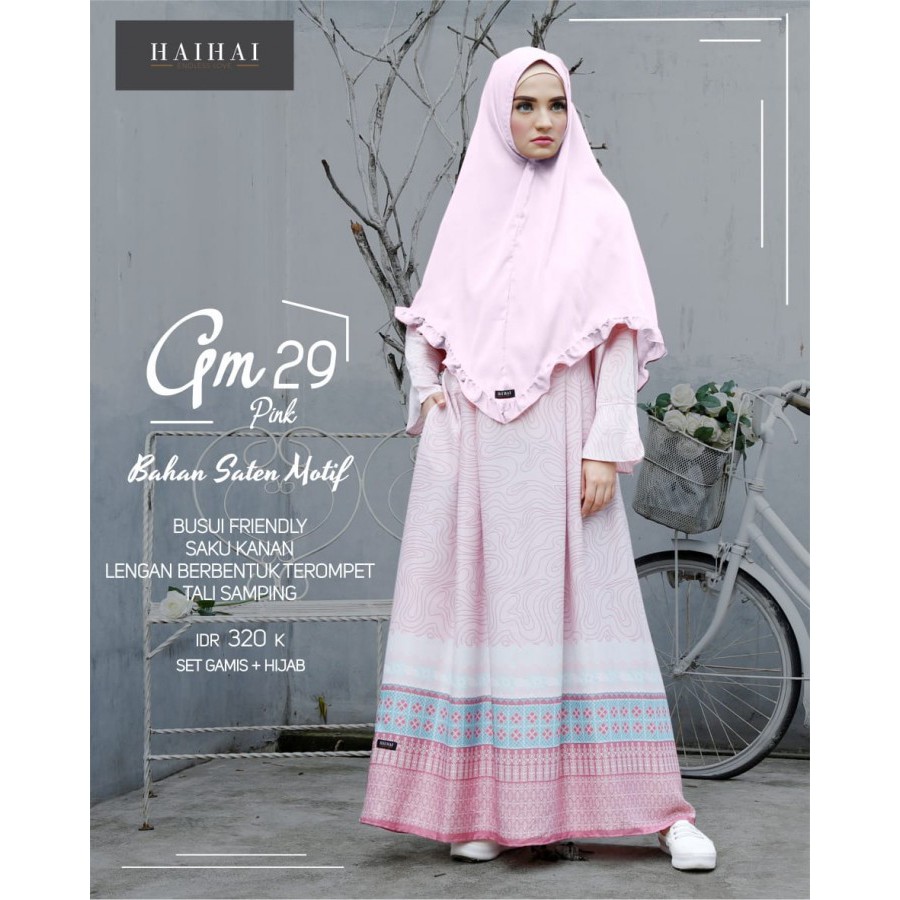 GAMIS SYARI HAI HAI GM 29 PINK BAHAN SATIN MOTIF BUSUI FASHION MUSLIMAH DRESS PESTA CANTIK MURAH