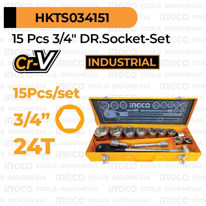 Kunci Socket 3/4" Inch x 30-60mm Set 15pcs INGCO HKTS034151 Ratchet Sok