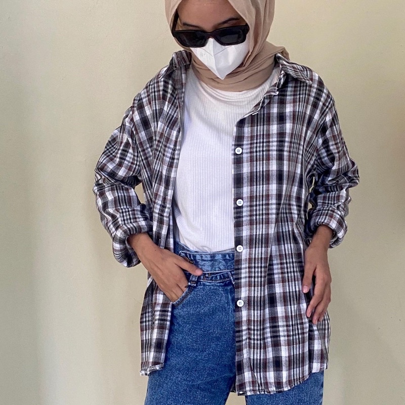 Kemeja Wanita Terbaru Baju Wanita Import Simple Korea Baju Kerja Kekinian Garis Motif Q3G6 Cewek Cas