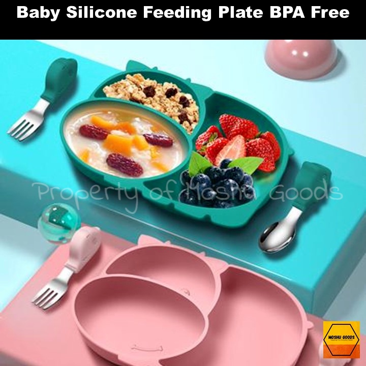 Set Piring Sendok Silikon Suction Anti tumpah/Silicone Suction Plate Spoon Set/Silicone Feeding Set MPASI