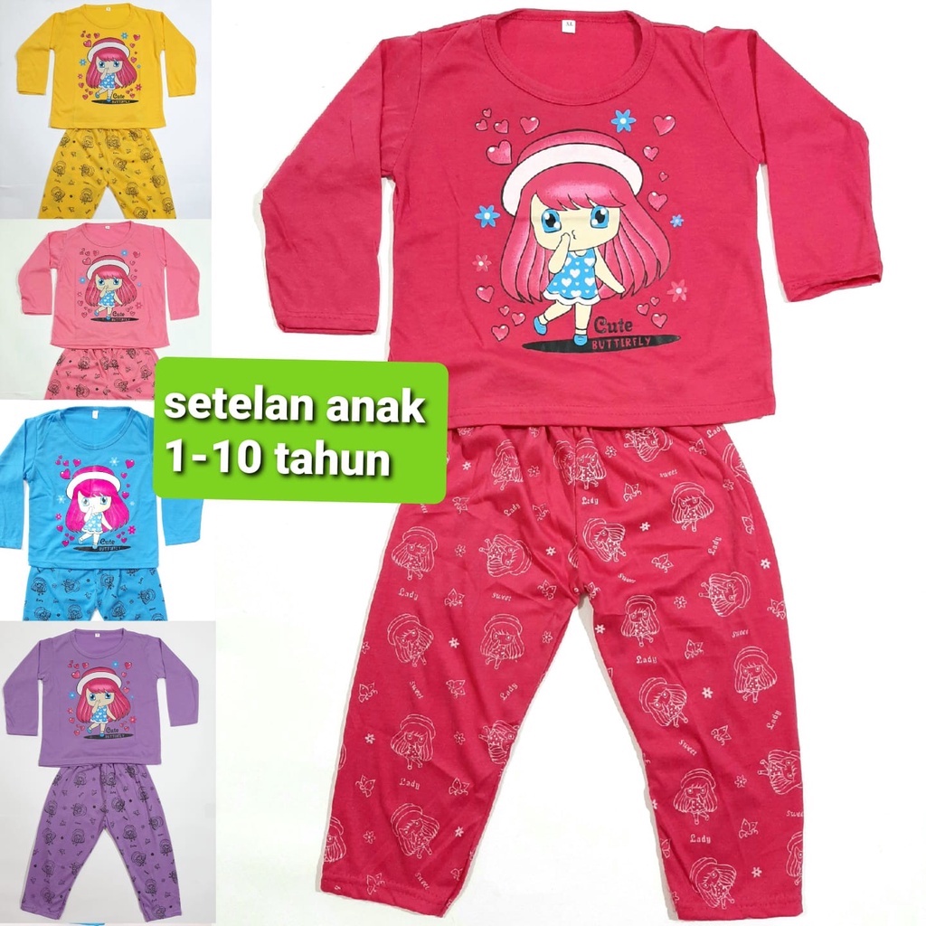 setelan celana lengan panjang PP 1-10 tahun baju tidur anak perempuan kaos cewek topi grosir