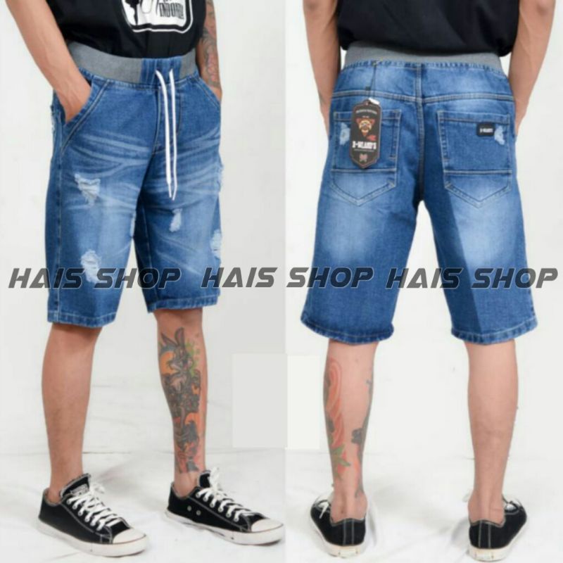 Bisa Bayar Di Tempat_Celana Rip Jeans Pendek Sobek Pinggang Karet_Celana Jeans Pendek Sobek Pinggang karet_Hais Shop