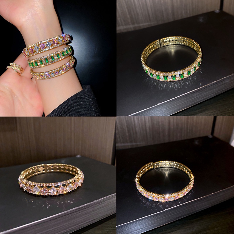 Gelang Tangan Terbuka Gaya Korea Motif Geometri Aksen Zircon + Kristal Warna Pink / Hijau Untuk Wanita