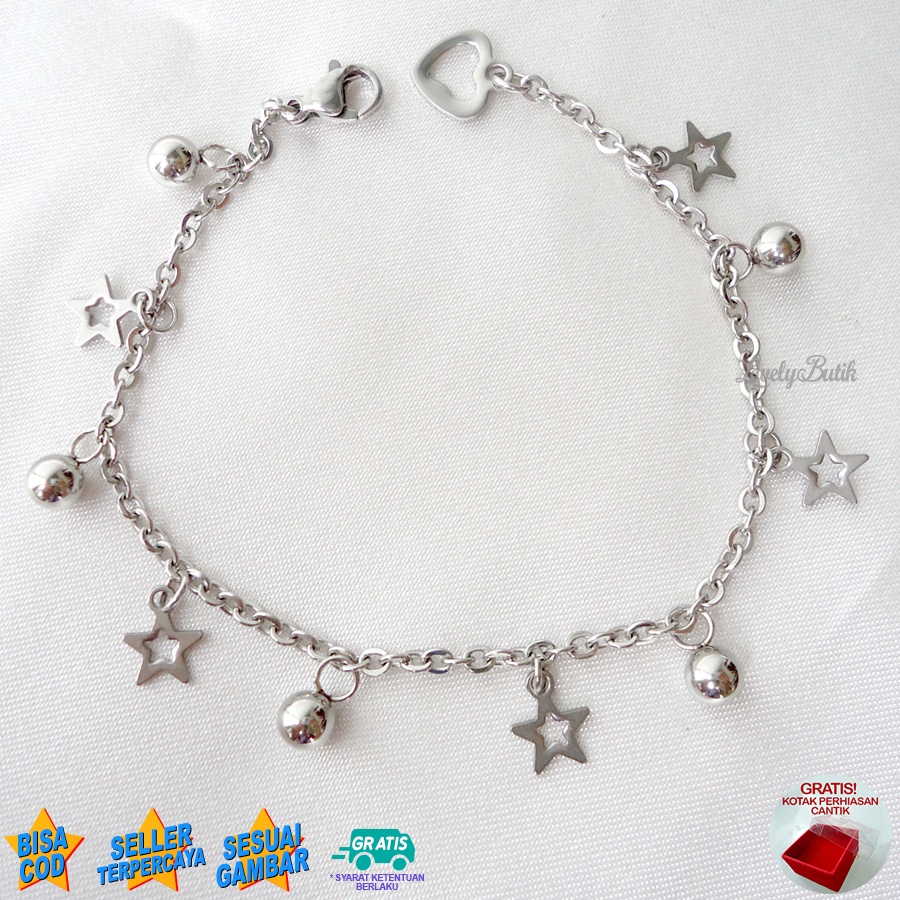 Lovelybutik - Gelang Tangan Titanium Asli Anti Karat dan Luntur Mars Gelang Korea Wanita Model Rantai Nori Gandulan Bintang Kekinian BONUS KOTAK PERHIASAN