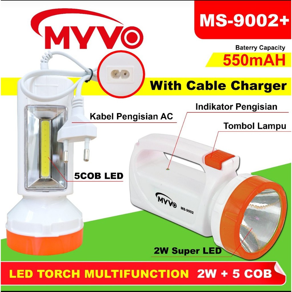 MYVO MS 9002 Senter Tangan 2w Cas LED Torch Flash Light 5 COB + Emergency Charger Ces Termurah