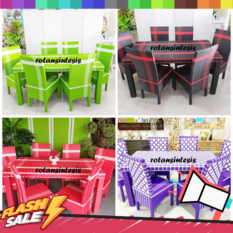 Set Meja Makan Kursi 6 Anyaman Rotan Sintetis Warna Warni Plus Jok Busa Ukuran Meja 150 x 80 Cm