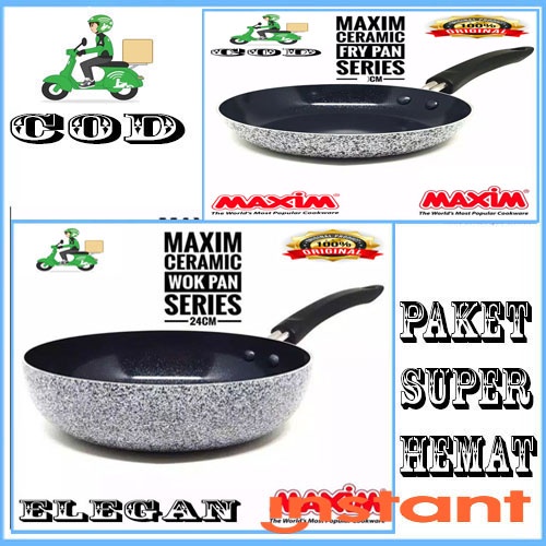 PROMO MAXIM 2PCS NEOSTONE DEEP WOK 24 CM+26CM FRYPAN CRAMIC ANTI LENGKET MURAH