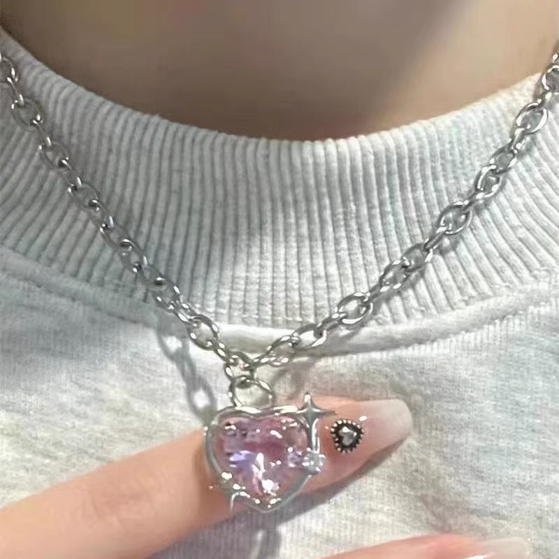 YEEZII Kalung Rantai Klavikula Liontin Hati Bintang Bahan Zirkon Warna Pink Untuk Wanita