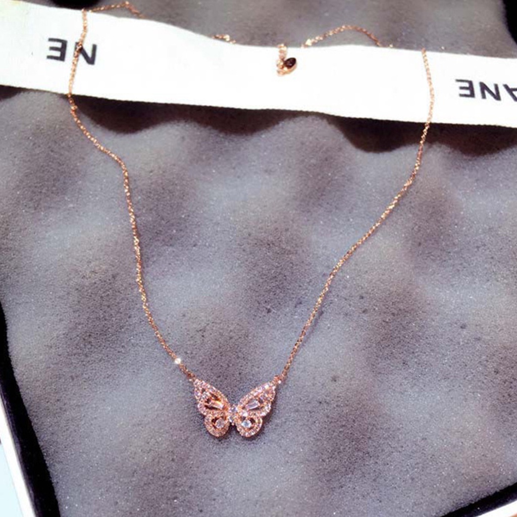 Kalung Liontin Kupu-Kupu Bahan Cubic Zirconia Warna Rose Gold Untuk Wanita