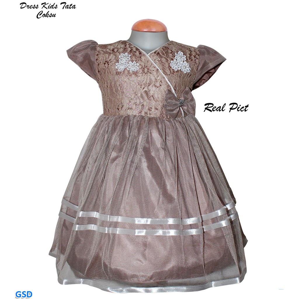 Dress Kids Tata/Dress Brukat Anak Princess/Gaun Pesta Motif Renda/ Baju Anak Bayi 2-4 Tahun