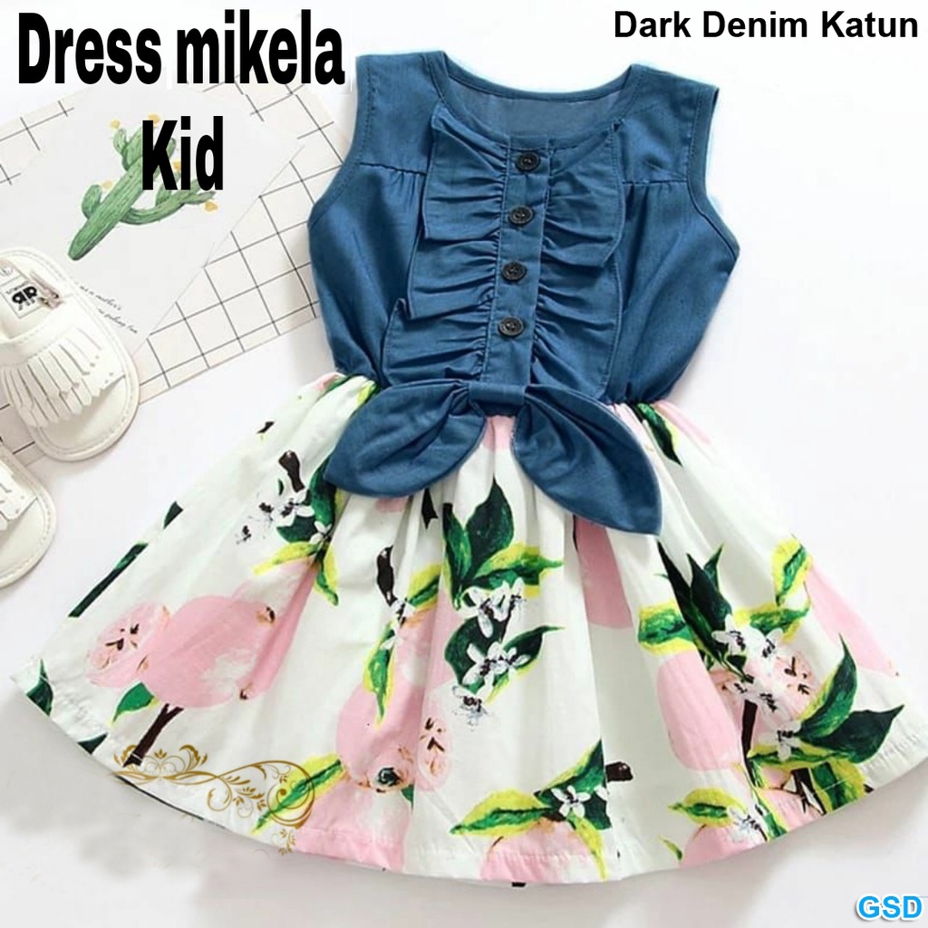 Dress Kids Mikaela/Dress Lucu/ Baju Anak Impor Motif Bunga/Pakaian  Katun Denim Bahan Adem Murah Sale!!!